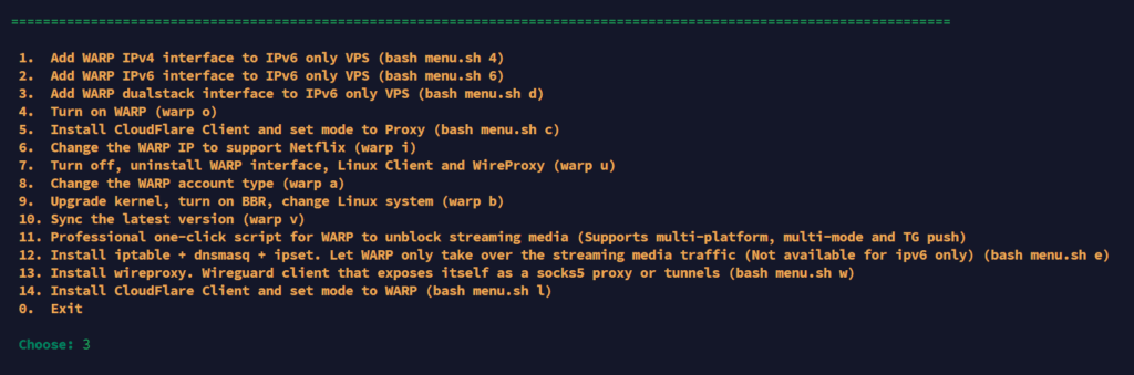 menu WARP installer